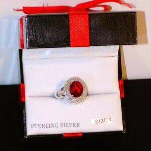NWT $135 Size 7 Sterling Silver Simulated Ruby with CZ Baguette Double Halo Ring